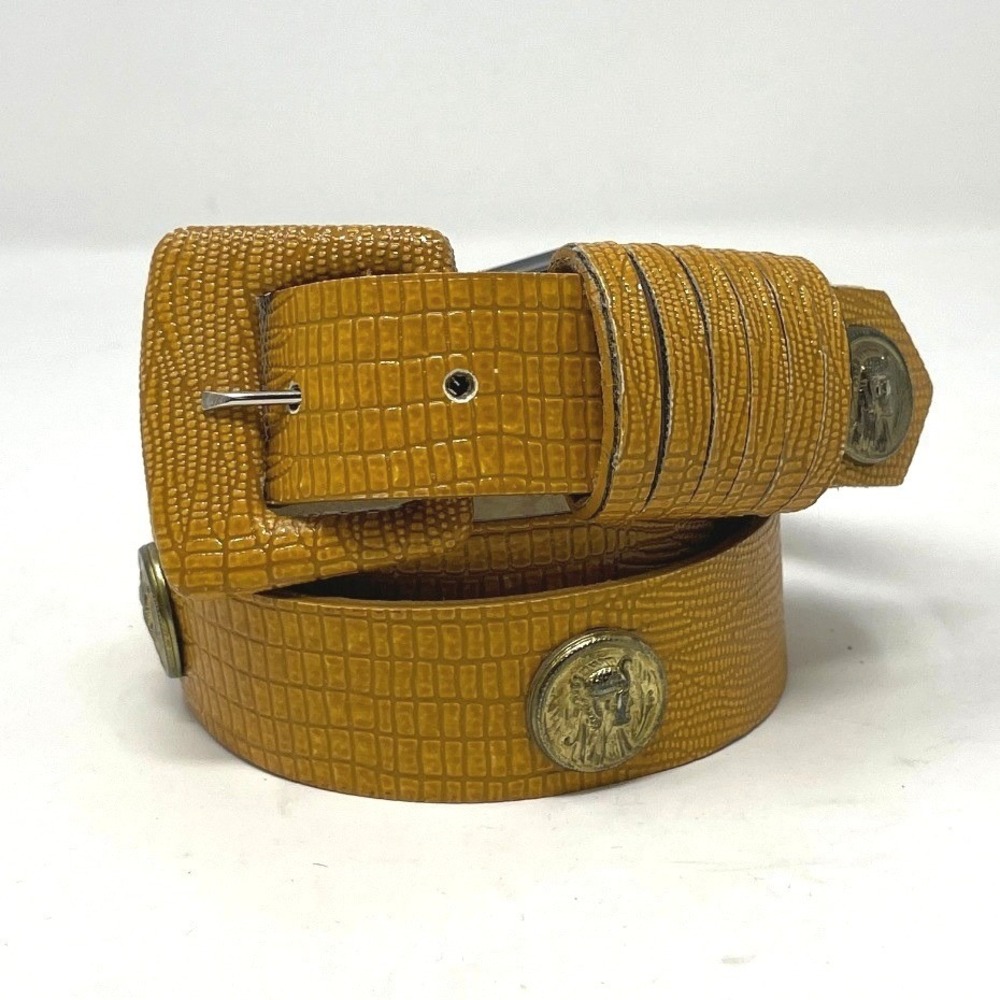 Vintage Mustard Yellow Croc Embossed Belt with Gold Coin Medallions Women Medium